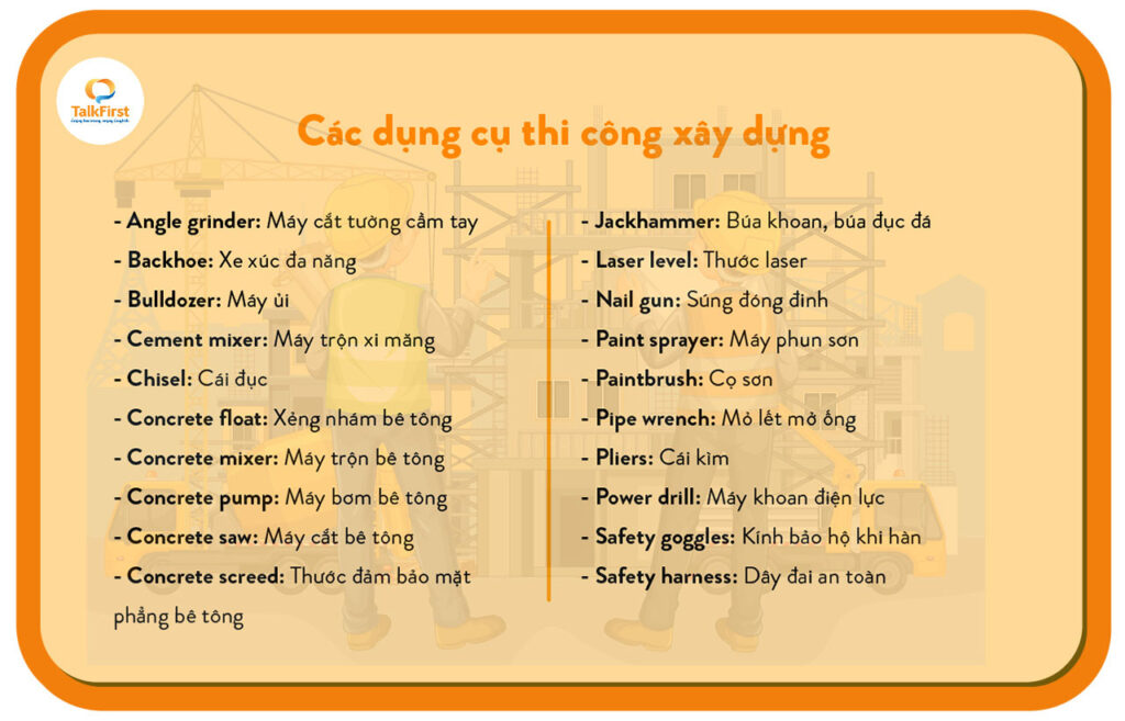 Tiếng Anh chuyên ngành xây dựng về các dụng cụ thi công