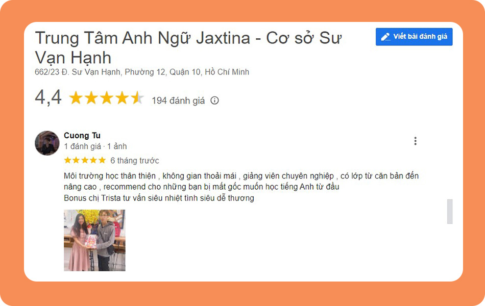 Review trung tâm tiếng Anh Jaxtina - Ảnh: Google Review