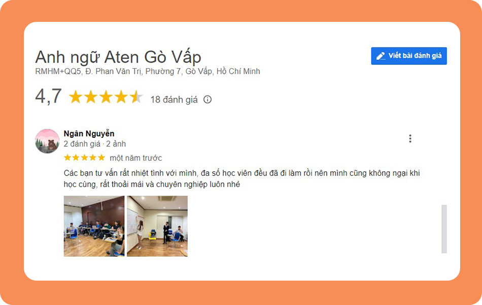 Review trung tâm tiếng Anh cho người mất gốc Aten - Ảnh: Google Review