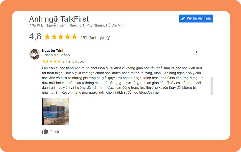 Review trung tâm tiếng Anh cho người mất gốc TalkFirst - Ảnh: Google Review