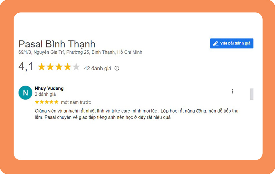 Review trung tâm tiếng Anh Pasal - Ảnh: Google Review