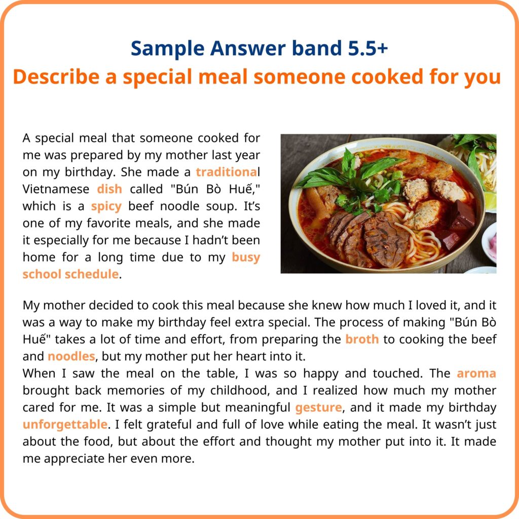 Describe a special meal someone cooked for you band 5.5+