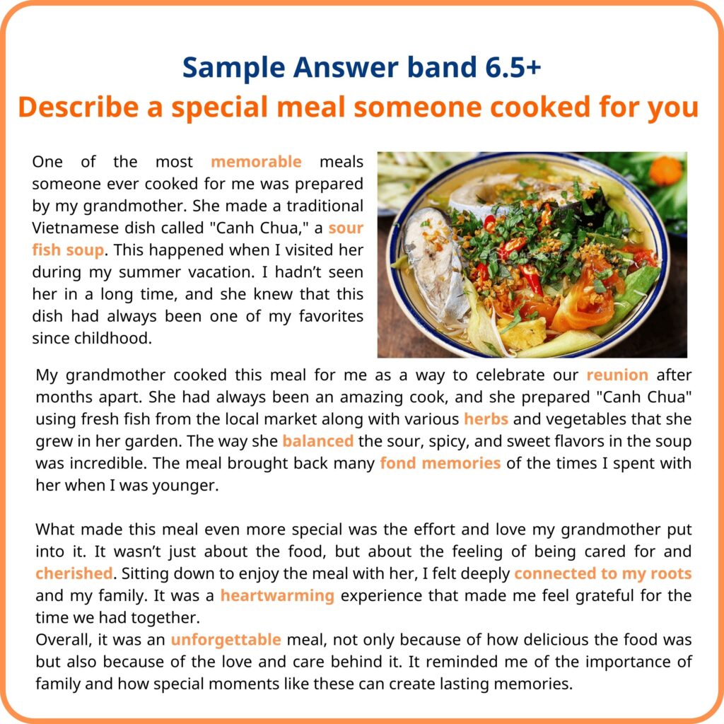 Describe a special meal someone cooked for you band 6.5+